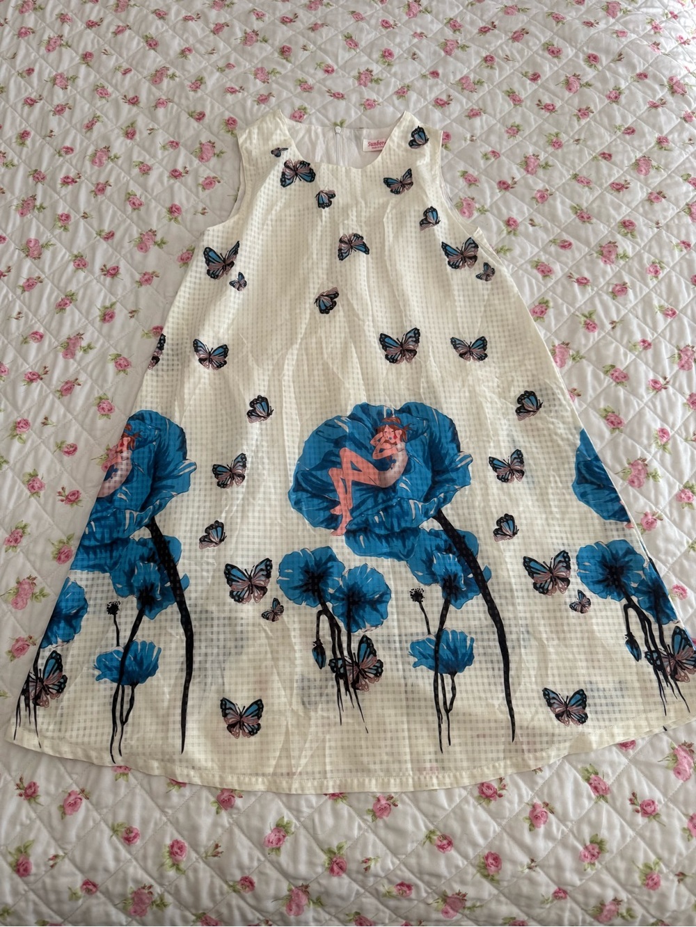 Girls White Sleeveless Floral & Butterfly Dress with Blue Accents
